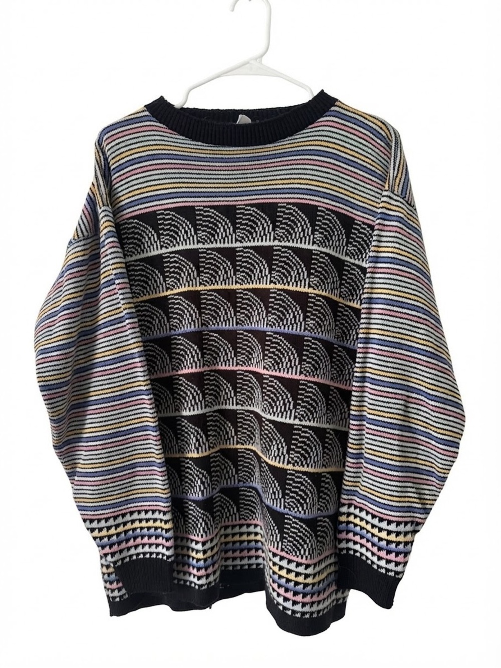 Vintage 80s Geometric Rainbow Stripe Knit Sweater Acrylic Cosby Style Medium